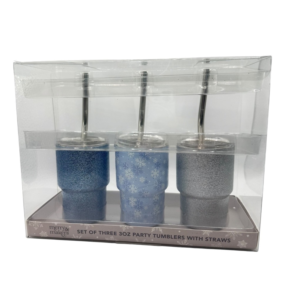 Merry Makers 3oz Mini Party Tumbler Set of 3‎ Stainless Steel Blue Silver G72Q